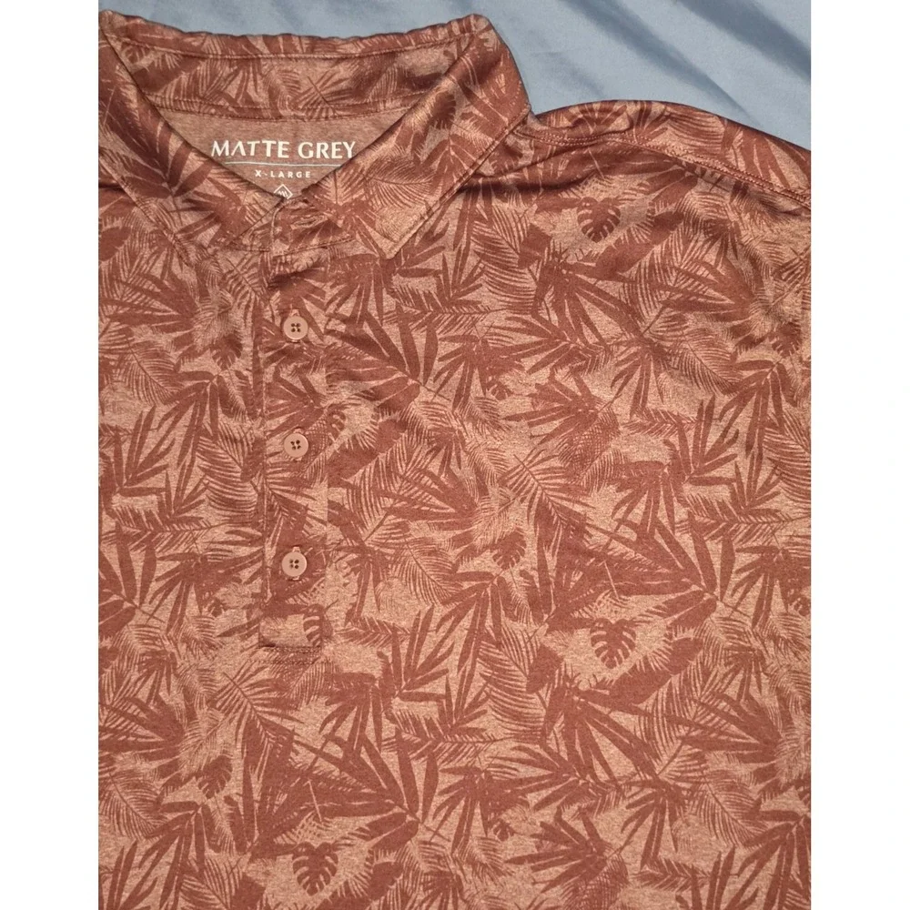 Matte Grey Red Palm AOP Print Mens Golf Polo Size XL